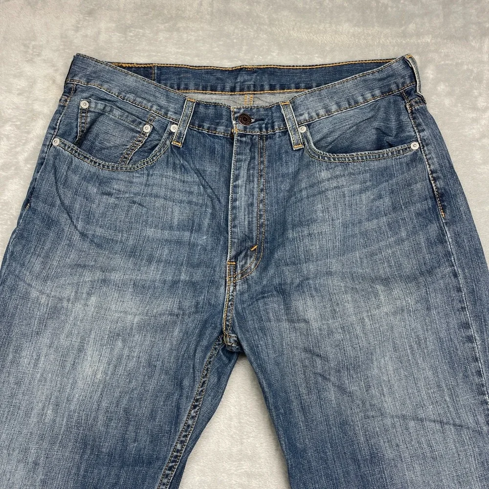 Levi's Jeans Mens 36x34 Blue Denim Whiskered Faded Stretch 527 Slim Bootcut Leg
